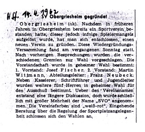 1962 -Zeitungsartikel SV Obergriesheim gegründet